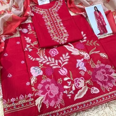 Elegant 3-Piece Unstitched Black Cotton Suit – Embroidered Front & Printed Dupatta with Plain Trousers