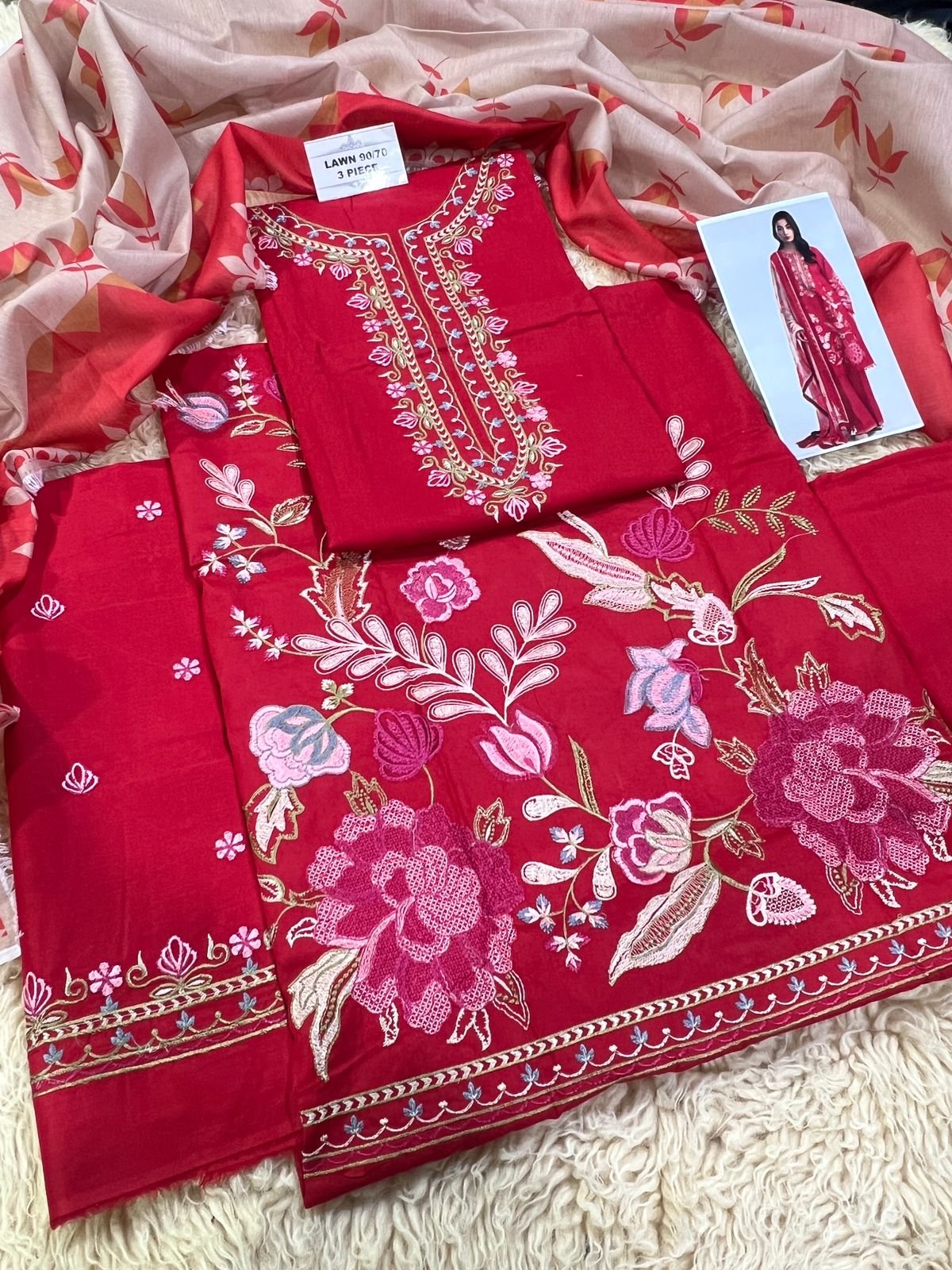 Lawn 3-Piece Embroidered Suit with Digital Printed Dupatta