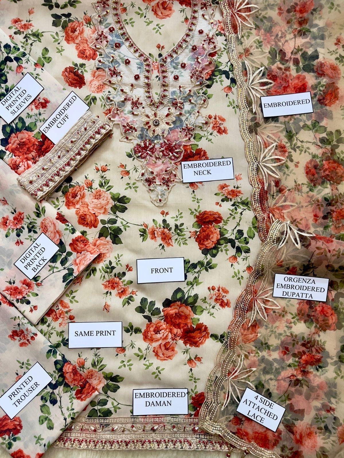 Floral Embroidered Swiss Lawn 3PC – Digital Print with Organza Cutwork Dupatta | Summer Collection 2026