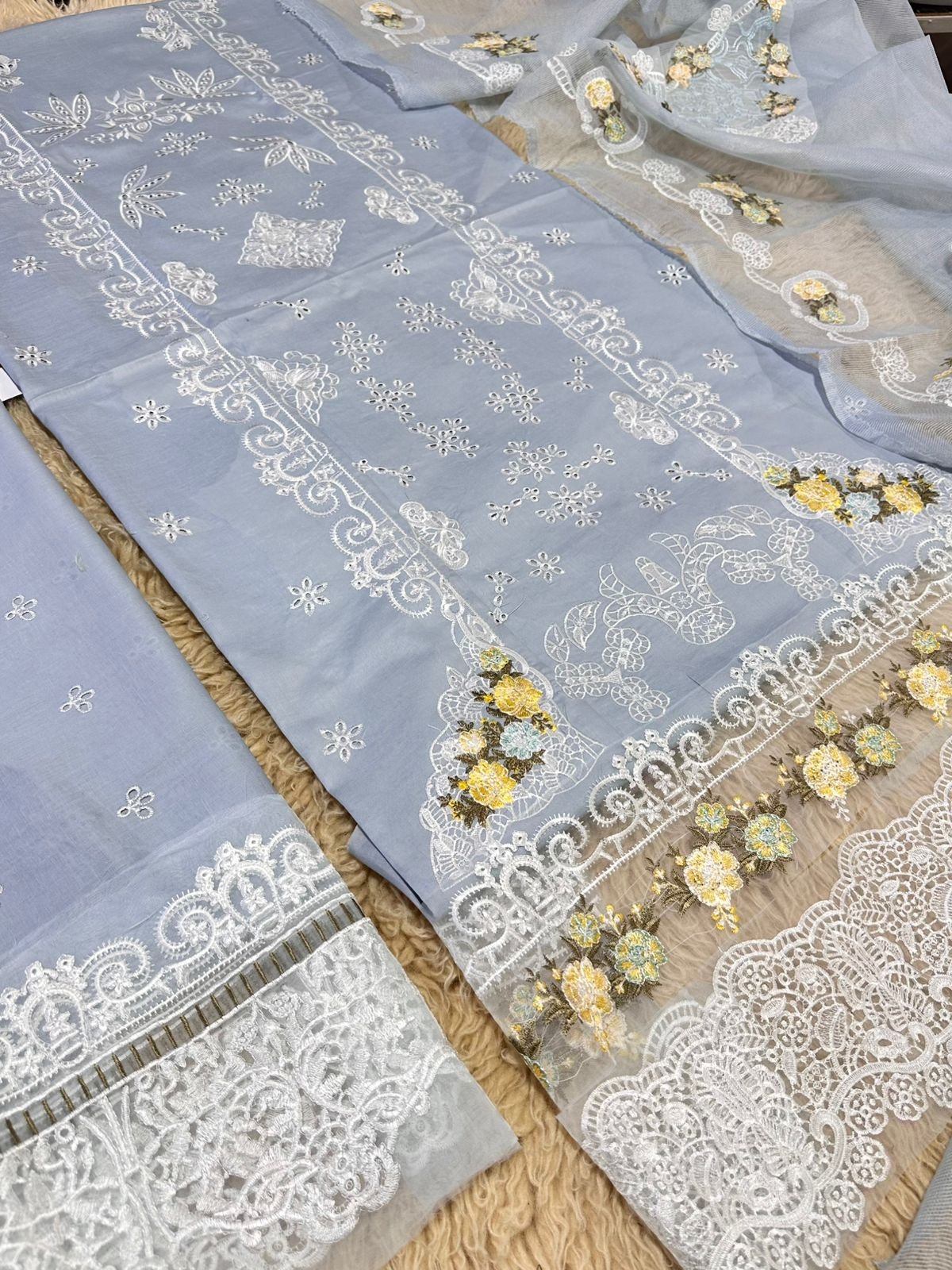 Wholesale Mix Brands Lawn 3PC Chikankari Embroidered Suit with Heavy Net Dupatta – Ready To Wear