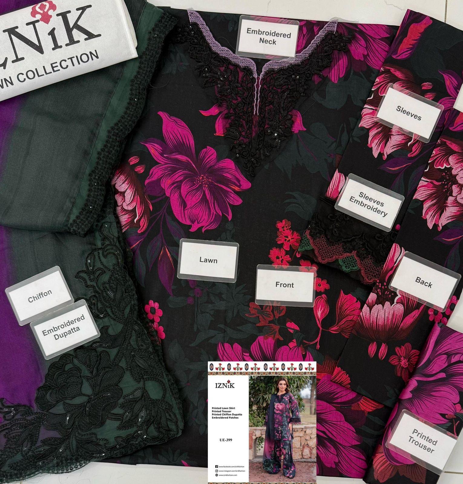 Iznik UE-339 Lawn 3PC Suit – Chiffon Embroidered Dupatta | AF TEX Embroidery Collection (Wholesale)