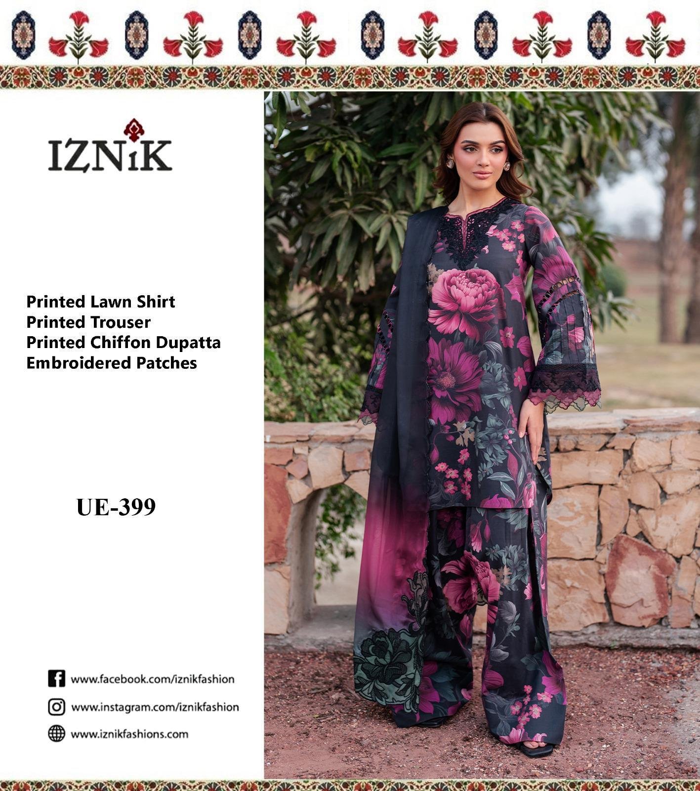 Iznik UE-339 Lawn 3PC Suit – Chiffon Embroidered Dupatta | AF TEX Embroidery Collection (Wholesale)
