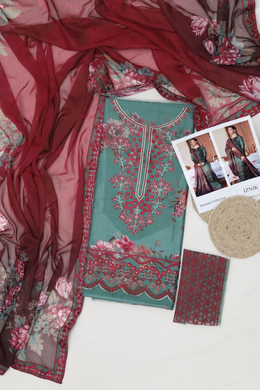 Summer Collection 2026 Printed Lawn 3PC Suit with Heavy Embroidered Sleeves & 4-Side Embroidered Chiffon Dupatta