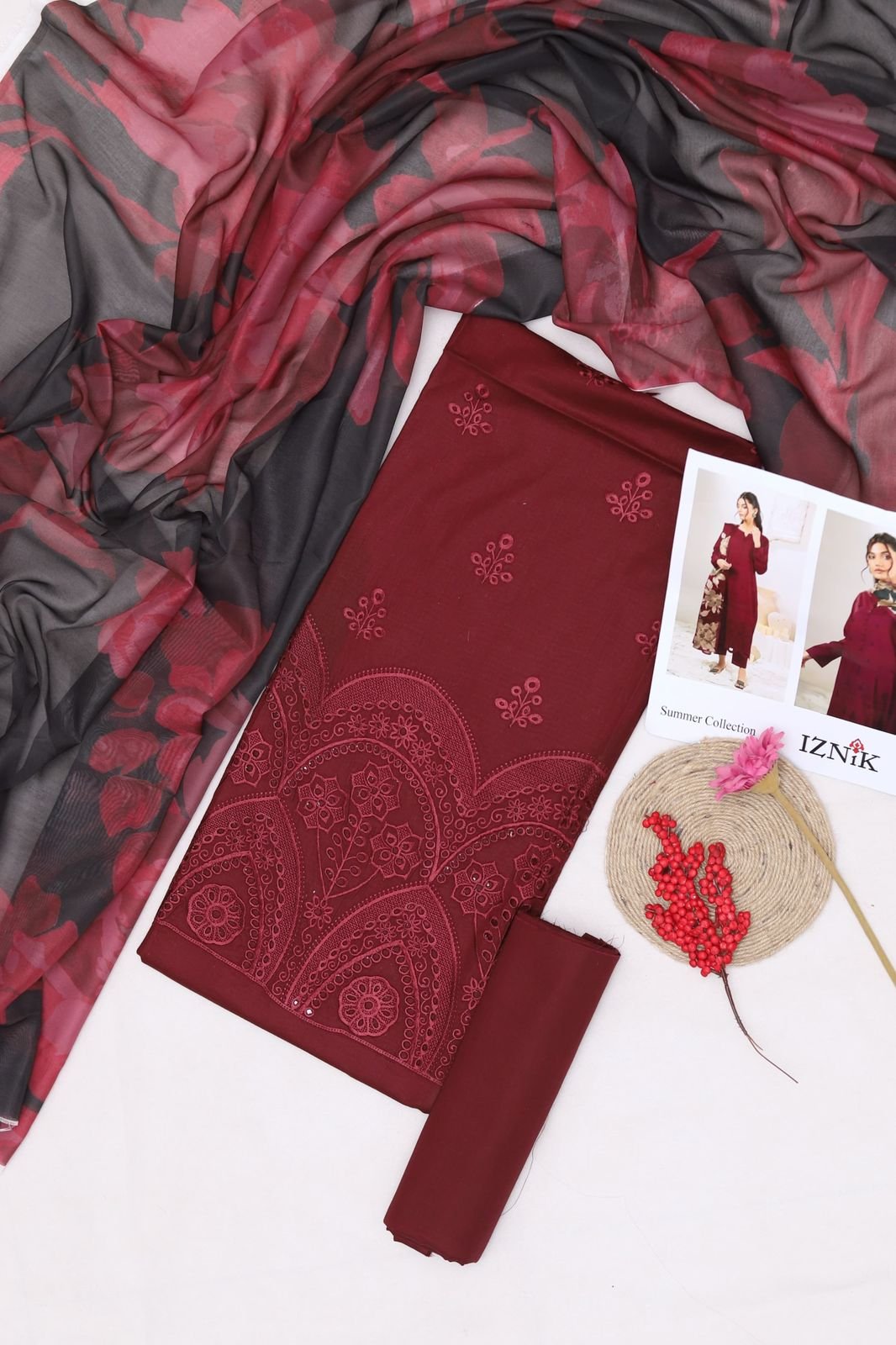 Premium Lawn Cotton 3PC Suit – Full Heavy Multi-Head Embroidered with Swiss Voil Dupatta