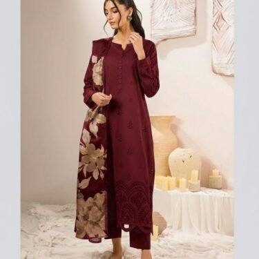 Premium Lawn Cotton 3PC Suit – Full Heavy Multi-Head Embroidered with Swiss Voil Dupatta