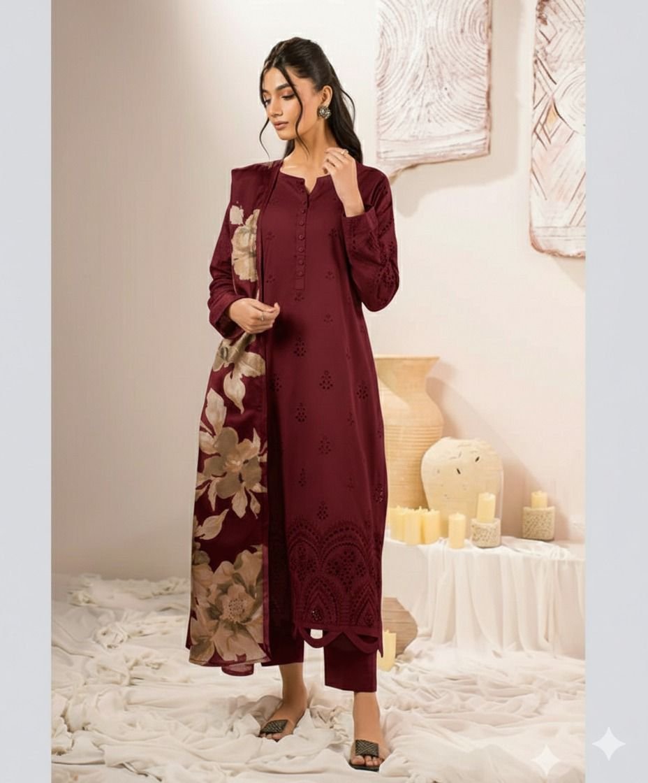 Premium Lawn Cotton 3PC Suit – Full Heavy Multi-Head Embroidered with Swiss Voil Dupatta