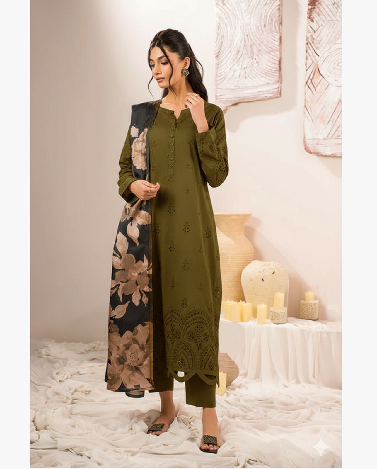 Premium Lawn Cotton 3PC Suit – Full Heavy Multi-Head Embroidered with Swiss Voil Dupatta