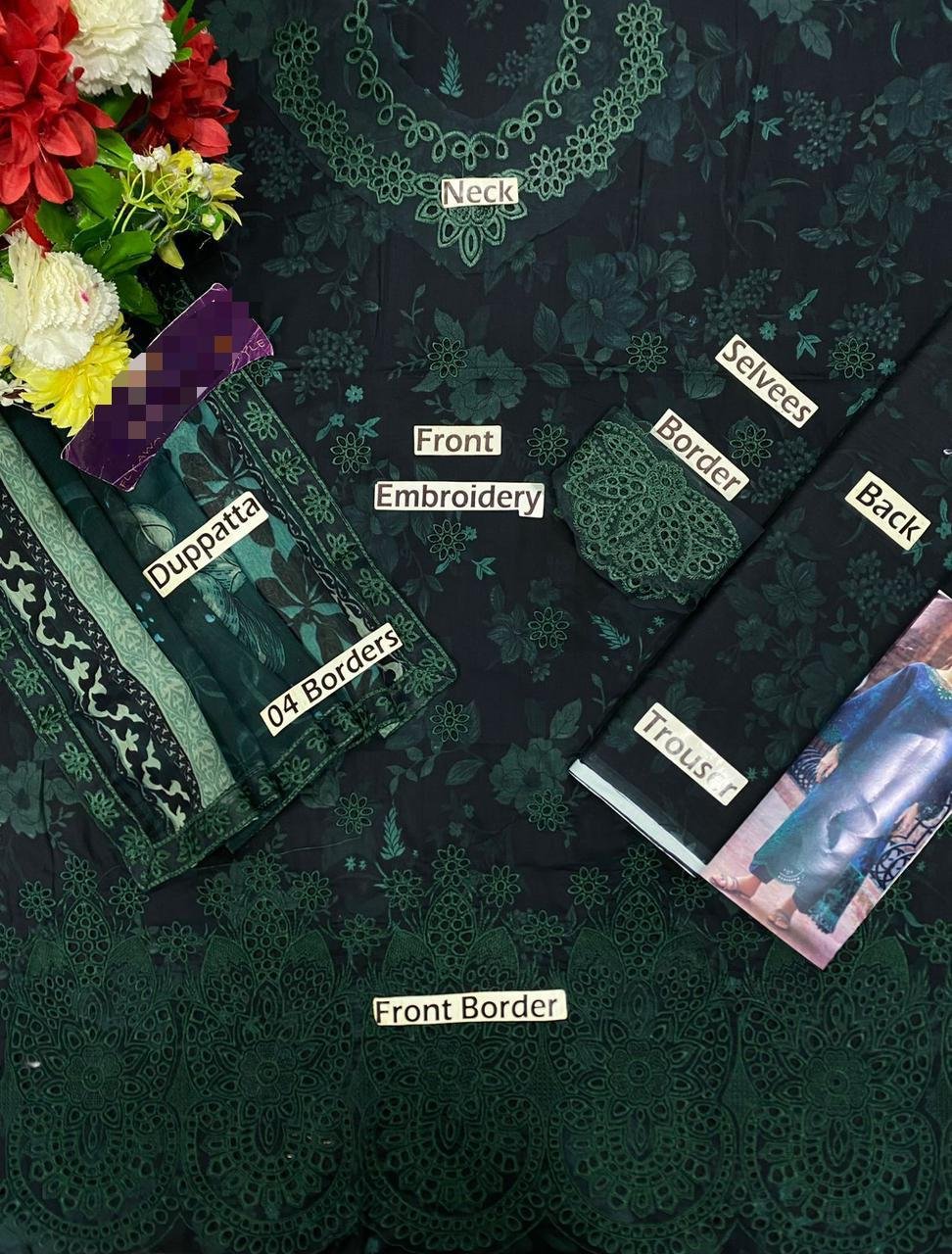 Heavy Chikankari Embroidered Lawn 3PC Suit with 4-Side Cutwork Chiffon Dupatta