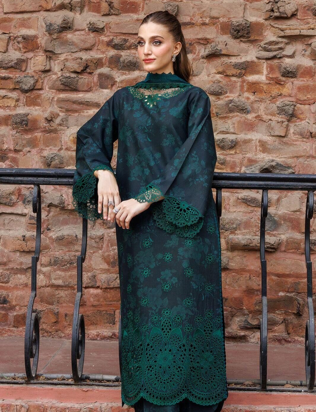 Heavy Chikankari Embroidered Lawn 3PC Suit with 4-Side Cutwork Chiffon Dupatta