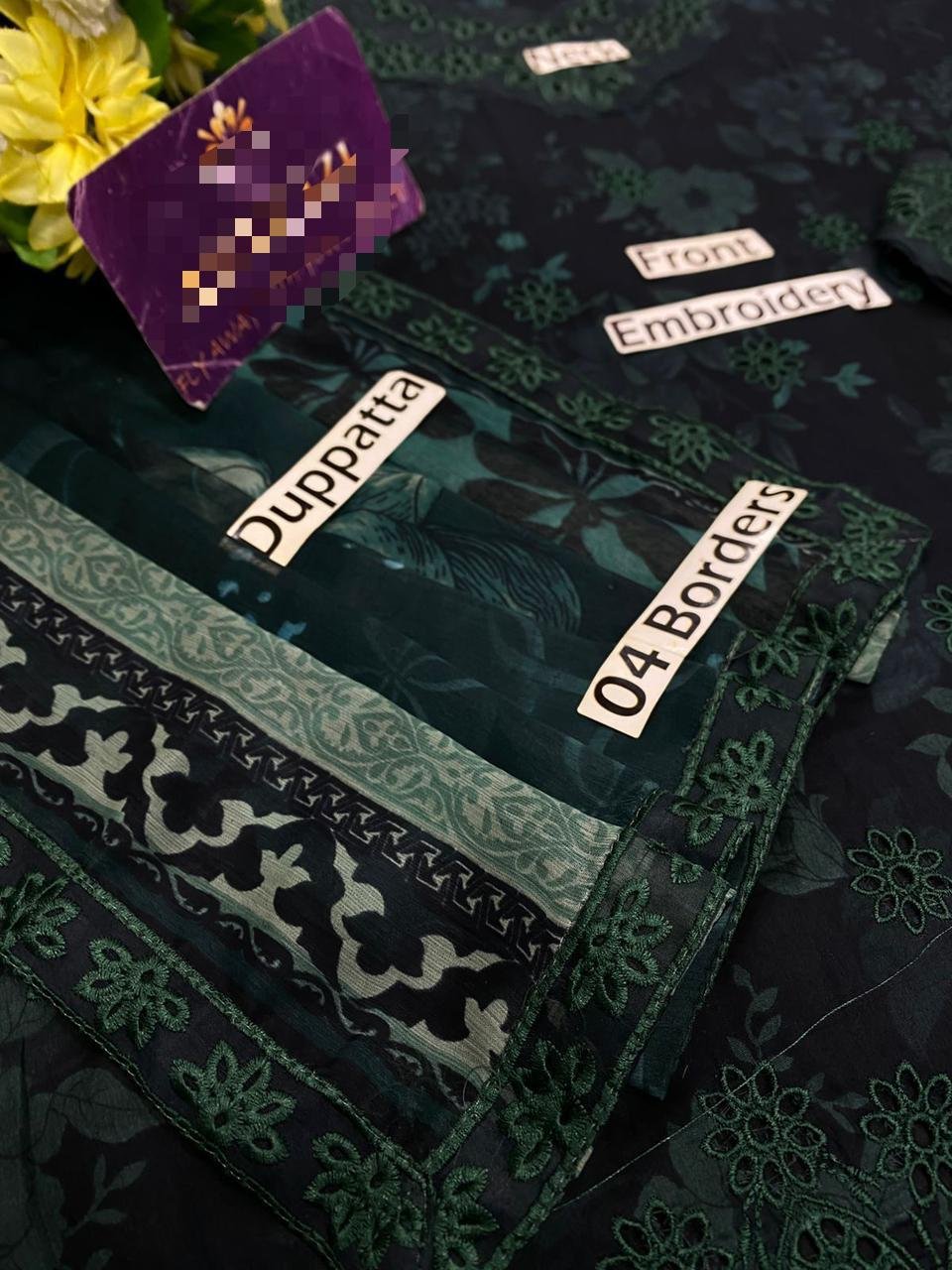 Heavy Chikankari Embroidered Lawn 3PC Suit with 4-Side Cutwork Chiffon Dupatta