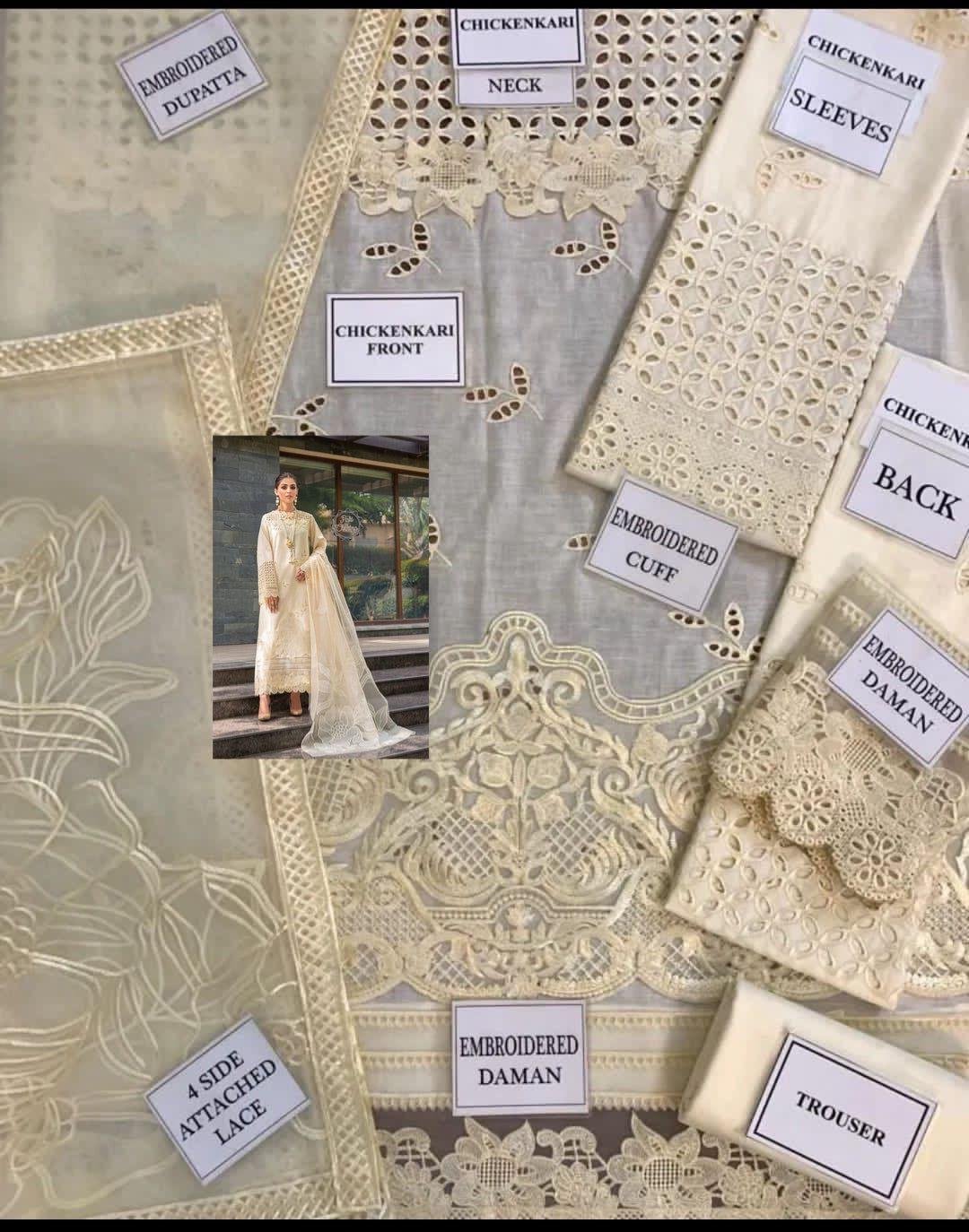 Style Me Wear – Valentina Creme-24 Chikankari Embroidered 3PC Suit with Heavy Organza Dupatta