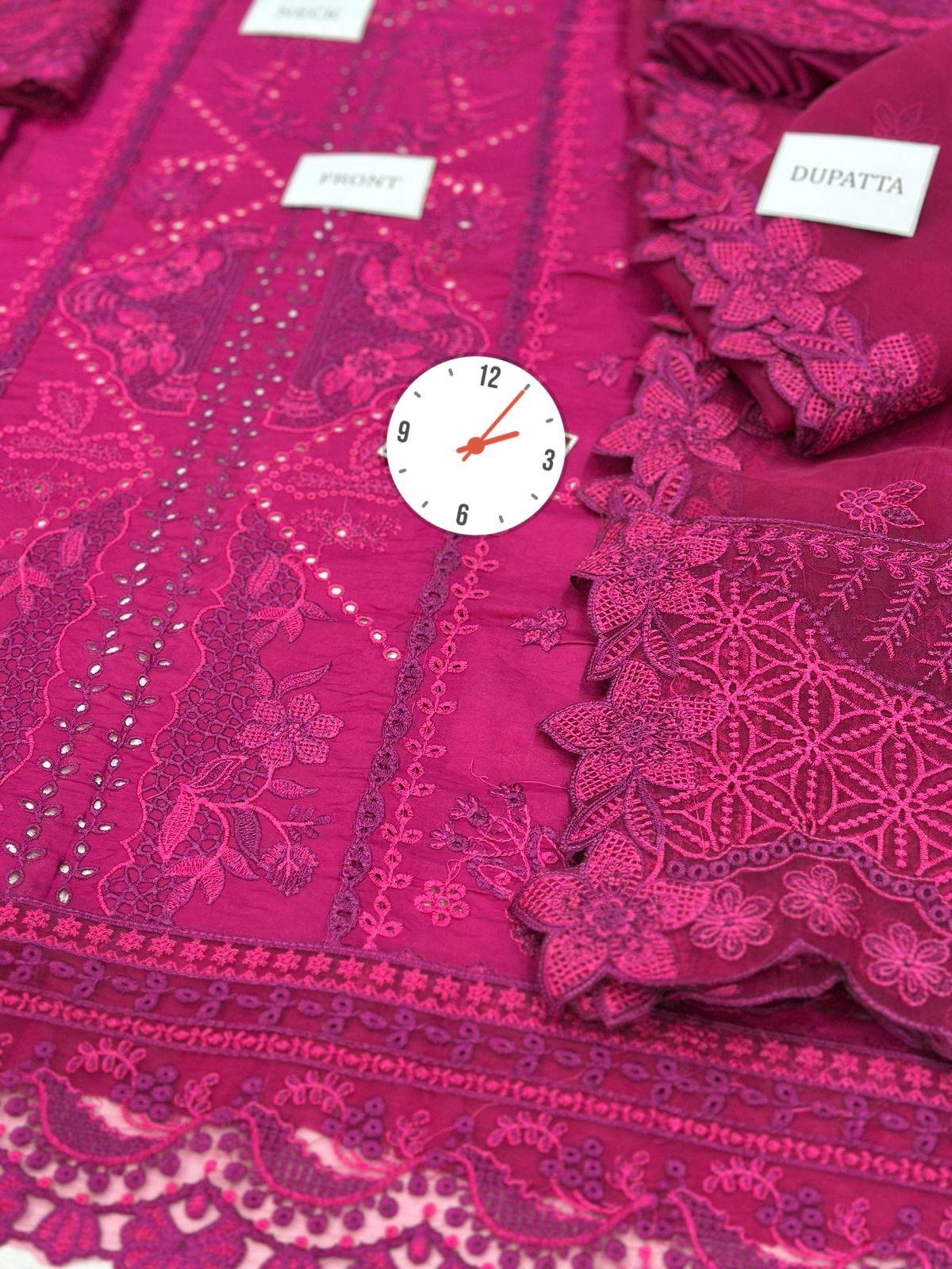 Style Me Wear – Unstitched Lawn Cotton 3PC Replica Suit with Heavy Embroidered Organza Dupatta