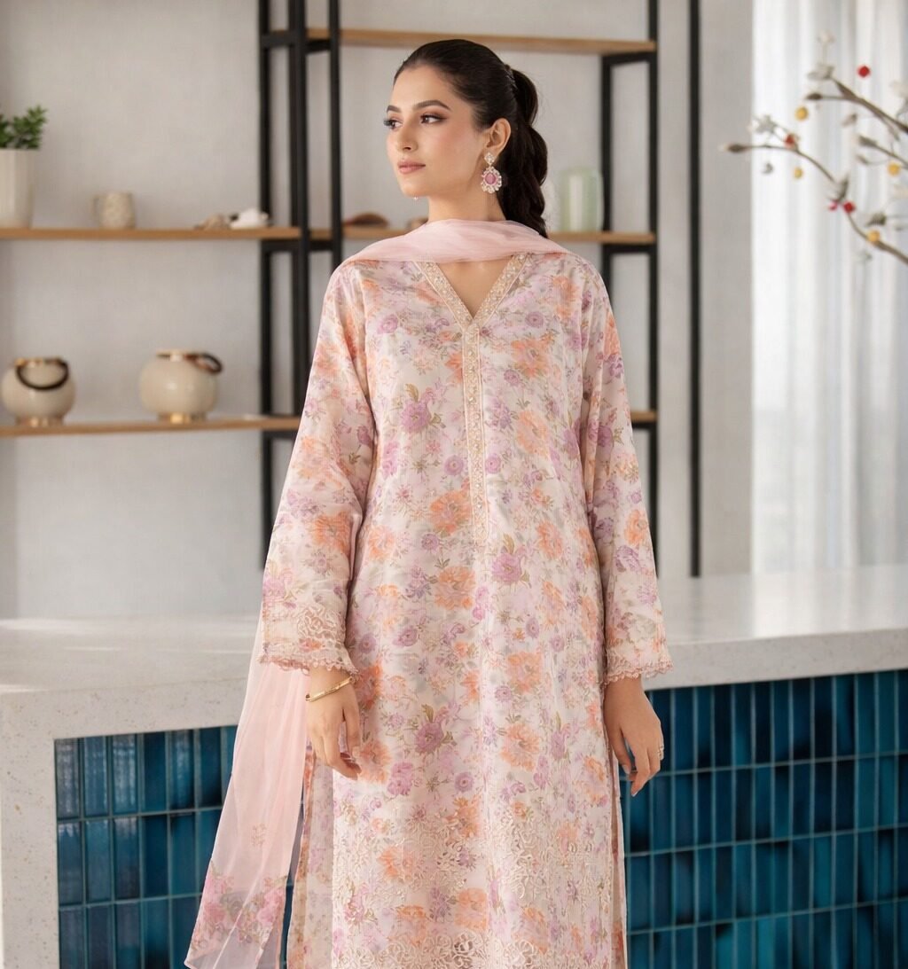 Style Me Wear – SF-4099 Lawn & Chiffon 3PC Chikankari Embroidered Suit with Laser Work Dupatta