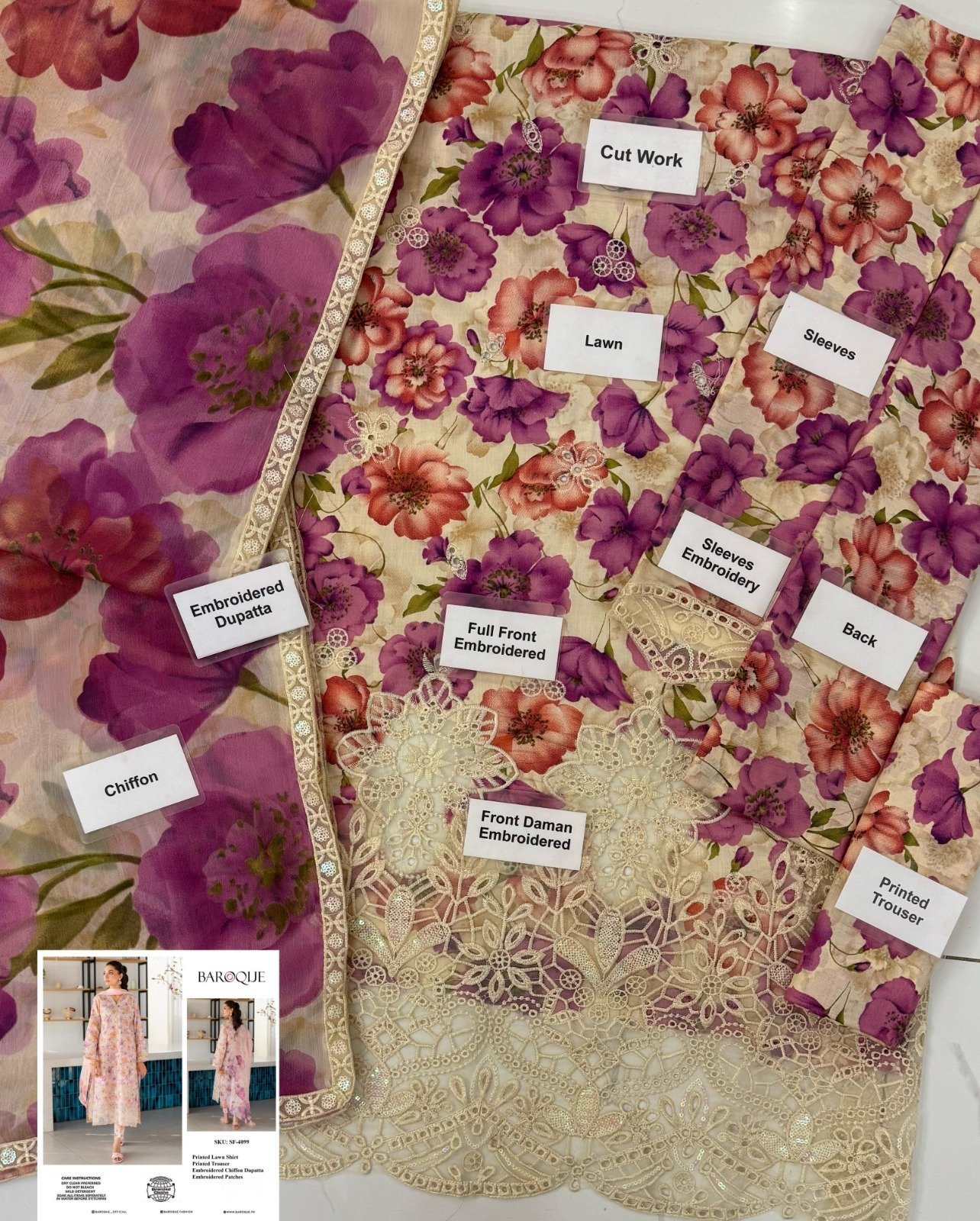 Style Me Wear – SF-4099 Lawn & Chiffon 3PC Chikankari Embroidered Suit with Laser Work Dupatta