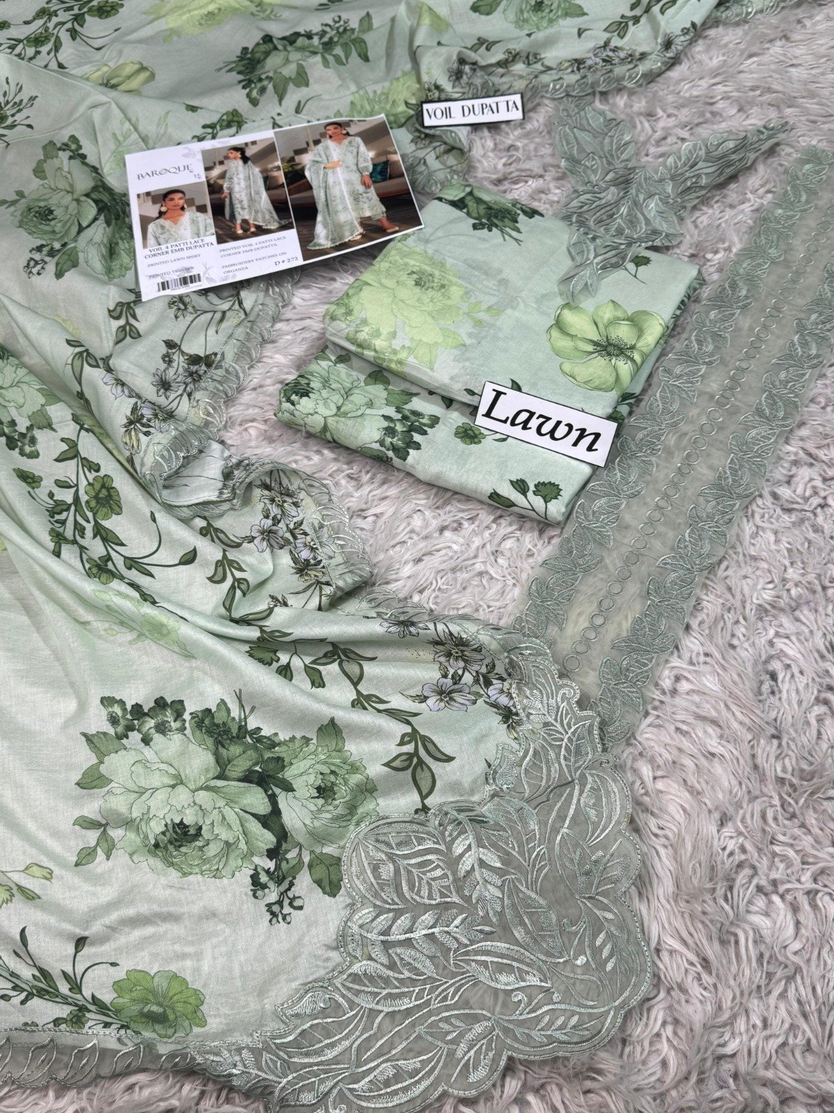 Elegant Digital Printed Lawn 3PC Suit with Embroidered Voil Dupatta & Organza Patches – Ready To Wear