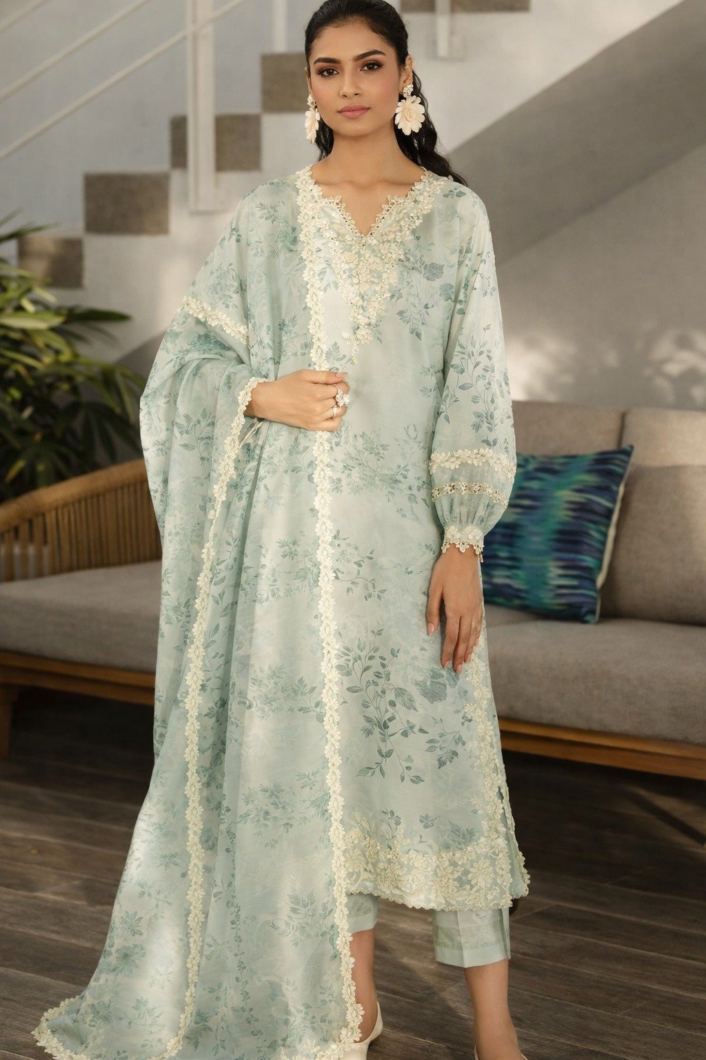 Elegant Digital Printed Lawn 3PC Suit with Embroidered Voil Dupatta & Organza Patches – Ready To Wear