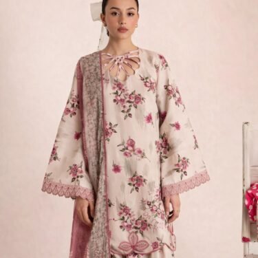 Elegant Digital Printed Lawn 3PC Suit with Embroidered Voil Dupatta & Organza Patches – Ready To Wear