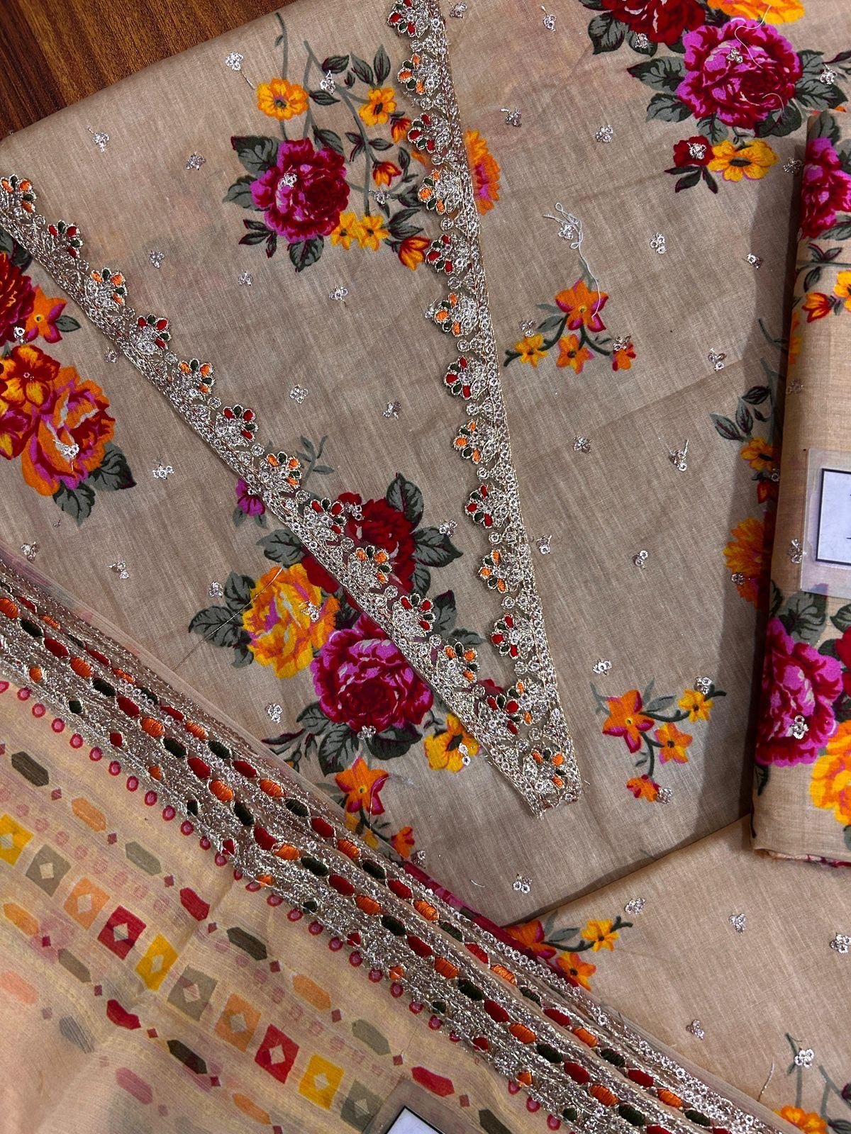 Premium Printed Lawn 3PC Suit with Embroidered Sequins Work & Chiffon Dupatta – Festive Collection