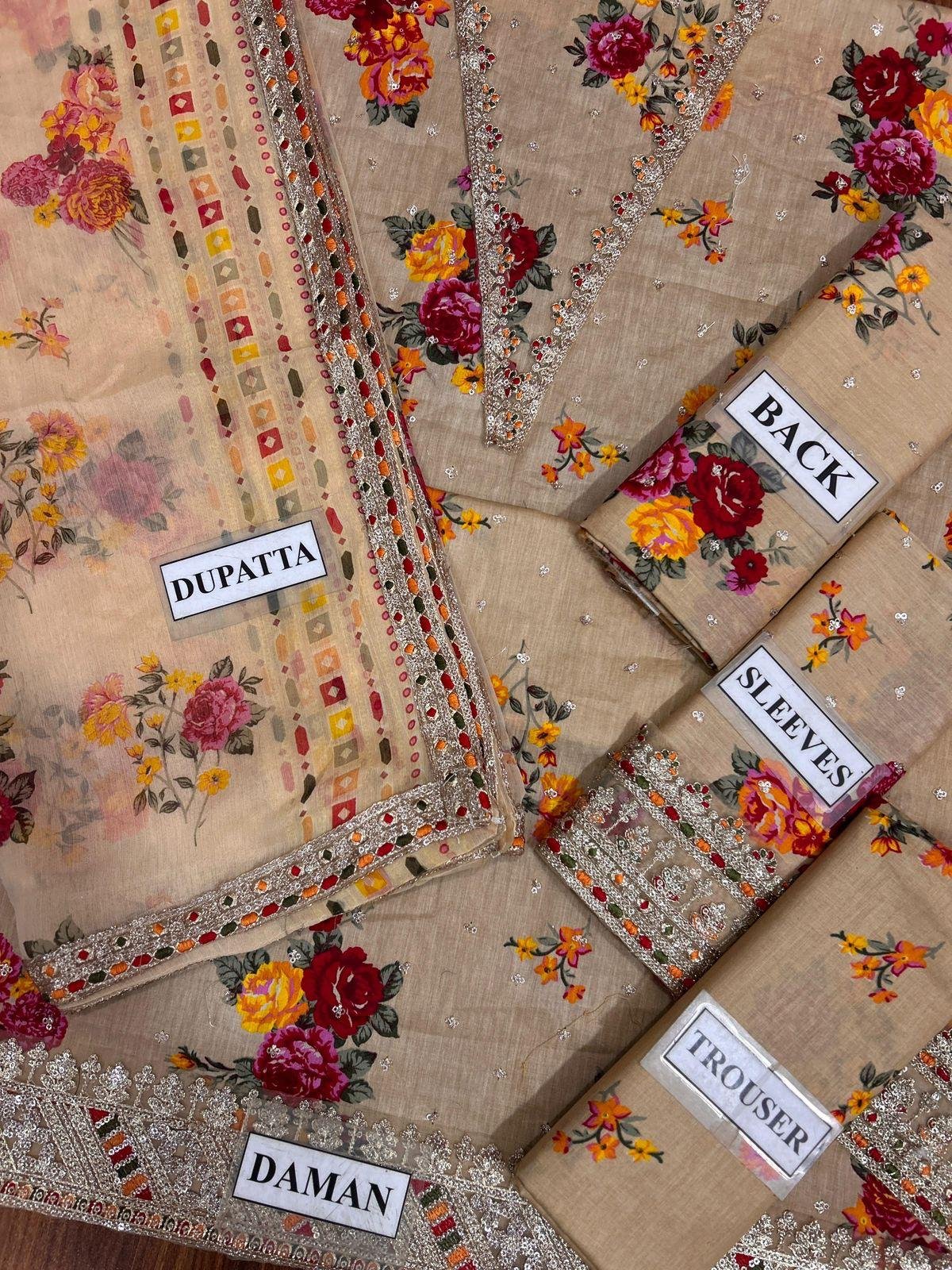 Premium Printed Lawn 3PC Suit with Embroidered Sequins Work & Chiffon Dupatta – Festive Collection