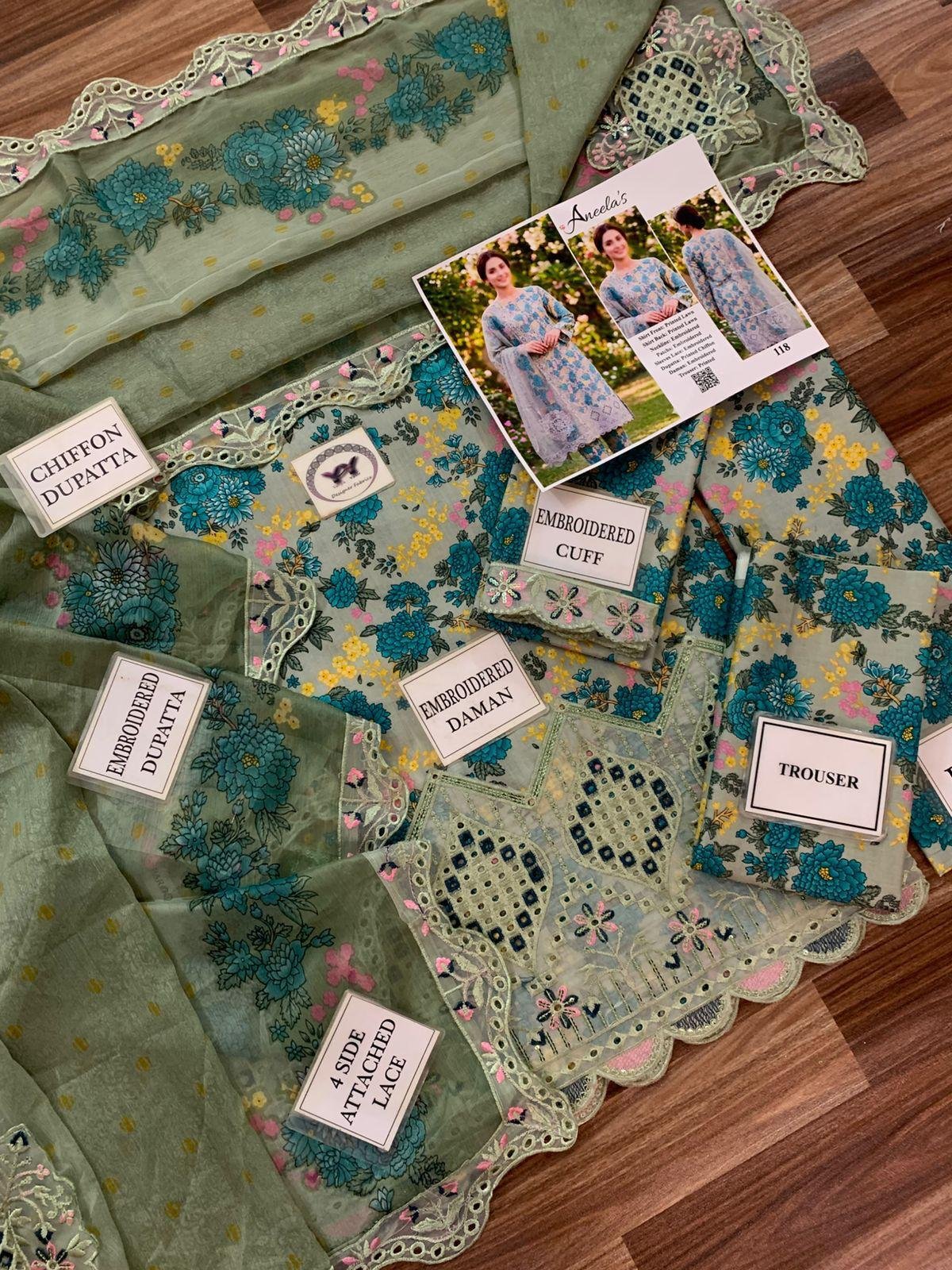 Aneelas Premium Lawn 3PC Unstitched Suit with Chiffon Embroidered Dupatta – 2026 Collection